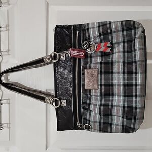 Coach Poppy Plaid Lurex Tartan Black and Gray Women's Tote Bag